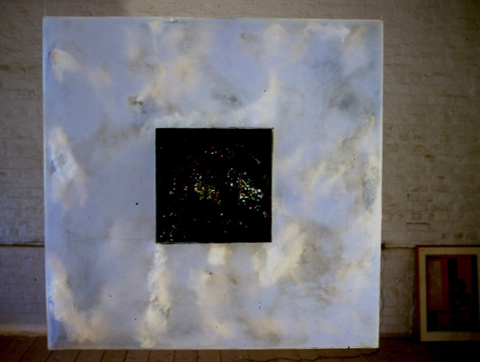 Cloudy Sky and A Starry Night, 1999, acrylic, oil paints, cotton wool and silver flourescent paper, 183 x 183cm