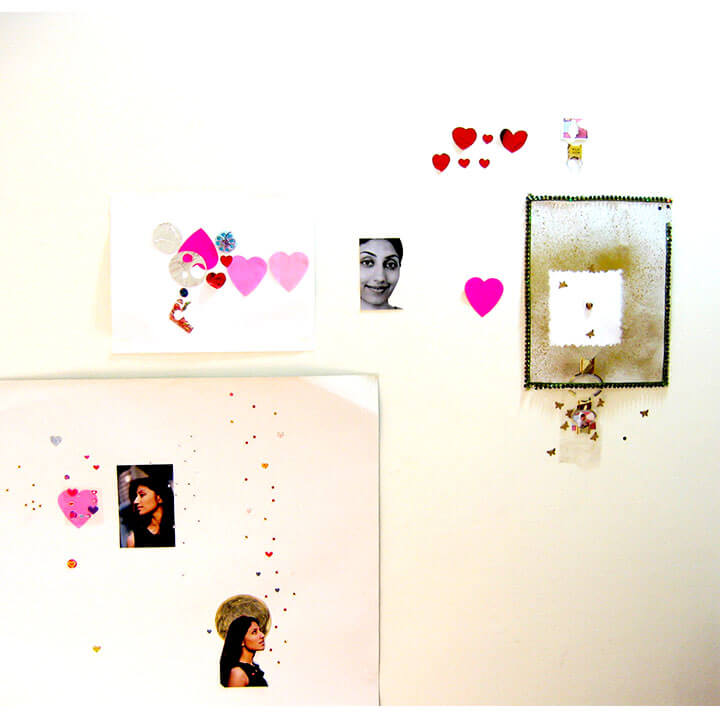 Butterflies, Fairies and Hearts, 2007, different types of paper, fabric, plastic and foam stickers and photograph prints, installation view, variable size