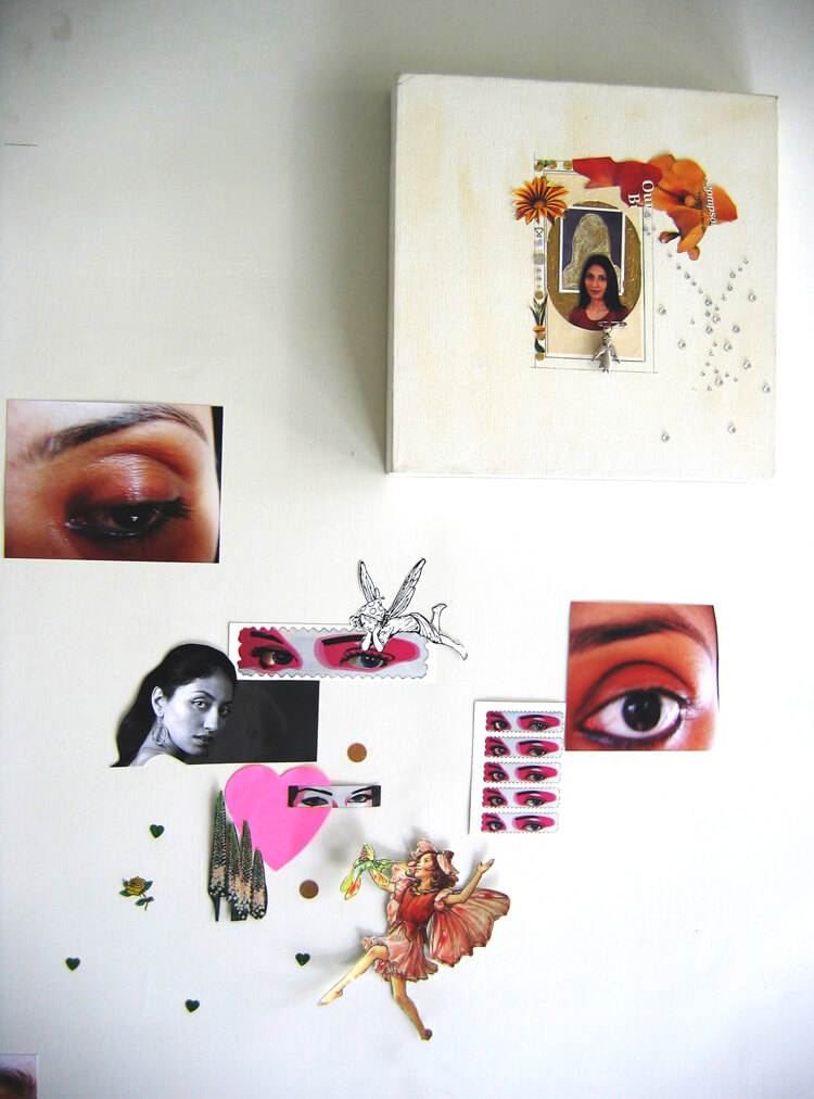 Butterflies, Fairies and Hearts, 2007, different types of paper, fabric, plastic and foam stickers and photograph prints, Installation view, variable size