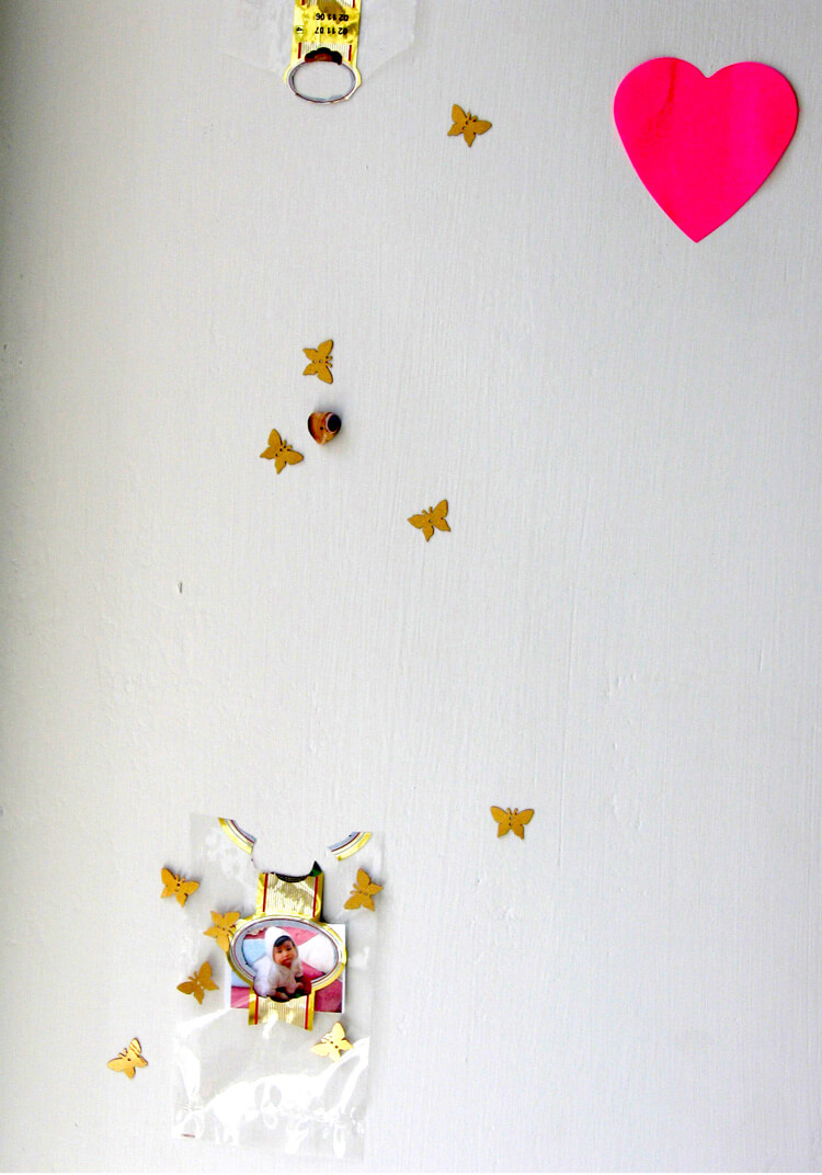 Butterflies, Fairies and Hearts, 2007, different types of paper, fabric, plastic and foam stickers and photograph prints, installation view, variable size